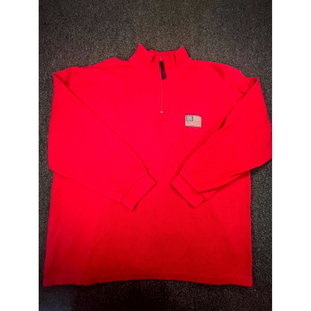Vintage Chaps Ralph Lauren Flag Sweater Men XL Red Cotton Tight Knit Quarter Zip